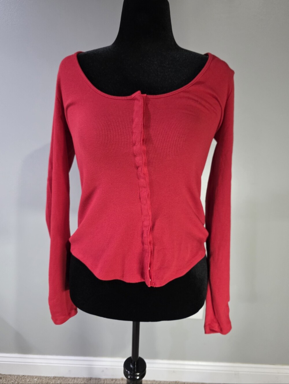 NWT Free People Classic Red Long Sleeve Stretch Ribbed Button-Front Henley Top.L